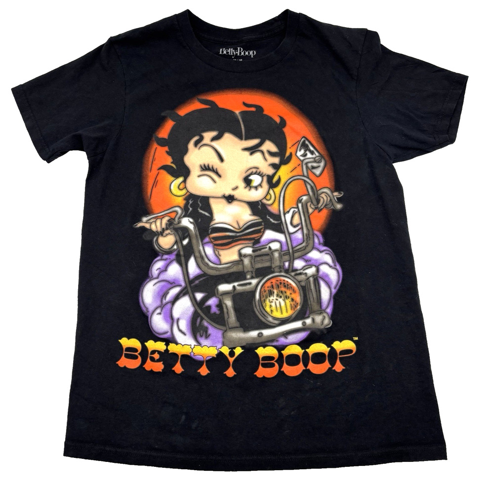 2023 Betty Boop Motorcycle Airbrush Graphic Print Black T-shirt M -Oversize Fit
